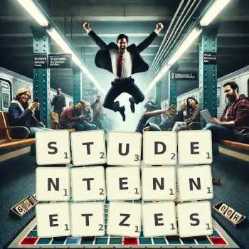 Kreative Illustration für ein Scrabble-Spiel, bei dem das Wort STUDENTENNETZES mit Steinen auf dem Brett gelegt wurde.
