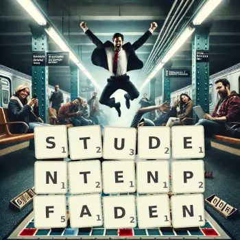 Kreative Illustration für ein Scrabble-Spiel, bei dem das Wort STUDENTENPFADEN mit Steinen auf dem Brett gelegt wurde.