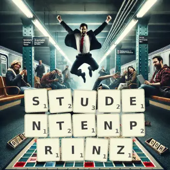 Kreative Illustration für ein Scrabble-Spiel, bei dem das Wort STUDENTENPRINZ mit Steinen auf dem Brett gelegt wurde.