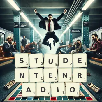 Kreative Illustration für ein Scrabble-Spiel, bei dem das Wort STUDENTENRADIO mit Steinen auf dem Brett gelegt wurde.
