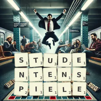 Kreative Illustration für ein Scrabble-Spiel, bei dem das Wort STUDENTENSPIELE mit Steinen auf dem Brett gelegt wurde.