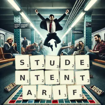 Kreative Illustration für ein Scrabble-Spiel, bei dem das Wort STUDENTENTARIF mit Steinen auf dem Brett gelegt wurde.