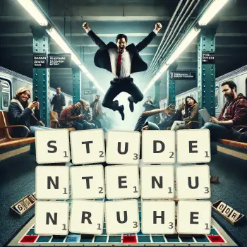 Kreative Illustration für ein Scrabble-Spiel, bei dem das Wort STUDENTENUNRUHE mit Steinen auf dem Brett gelegt wurde.