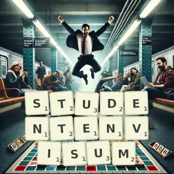 Kreative Illustration für ein Scrabble-Spiel, bei dem das Wort STUDENTENVISUM mit Steinen auf dem Brett gelegt wurde.