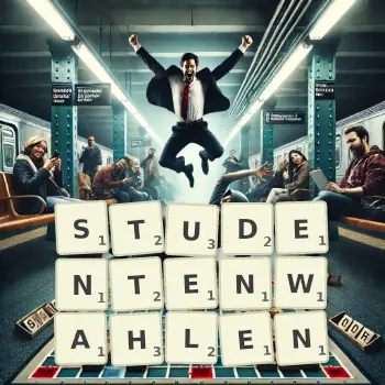 Kreative Illustration für ein Scrabble-Spiel, bei dem das Wort STUDENTENWAHLEN mit Steinen auf dem Brett gelegt wurde.