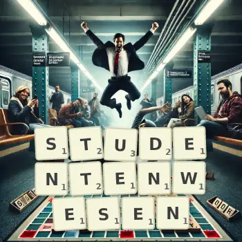 Kreative Illustration für ein Scrabble-Spiel, bei dem das Wort STUDENTENWESEN mit Steinen auf dem Brett gelegt wurde.