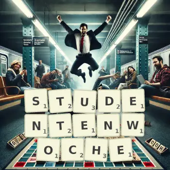 Kreative Illustration für ein Scrabble-Spiel, bei dem das Wort STUDENTENWOCHE mit Steinen auf dem Brett gelegt wurde.