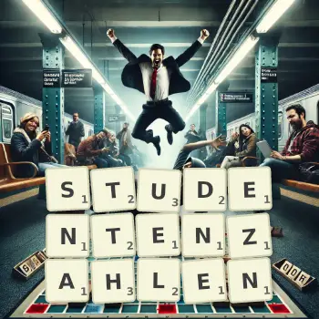Kreative Illustration für ein Scrabble-Spiel, bei dem das Wort STUDENTENZAHLEN mit Steinen auf dem Brett gelegt wurde.