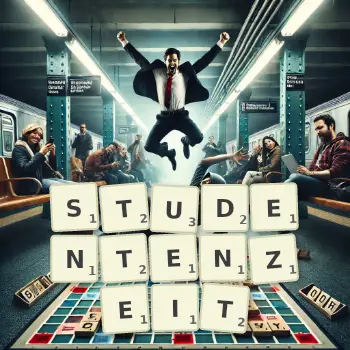 Kreative Illustration für ein Scrabble-Spiel, bei dem das Wort STUDENTENZEIT mit Steinen auf dem Brett gelegt wurde.