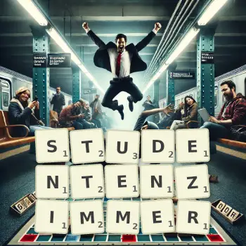 Kreative Illustration für ein Scrabble-Spiel, bei dem das Wort STUDENTENZIMMER mit Steinen auf dem Brett gelegt wurde.