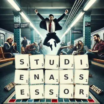 Kreative Illustration für ein Scrabble-Spiel, bei dem das Wort STUDIENASSESSOR mit Steinen auf dem Brett gelegt wurde.