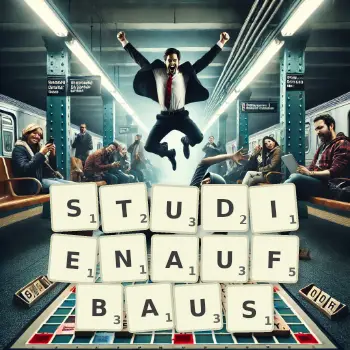 Kreative Illustration für ein Scrabble-Spiel, bei dem das Wort STUDIENAUFBAUS mit Steinen auf dem Brett gelegt wurde.
