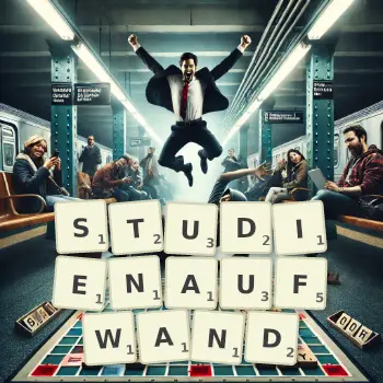 Kreative Illustration für ein Scrabble-Spiel, bei dem das Wort STUDIENAUFWAND mit Steinen auf dem Brett gelegt wurde.