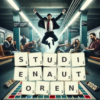 Kreative Illustration für ein Scrabble-Spiel, bei dem das Wort STUDIENAUTOREN mit Steinen auf dem Brett gelegt wurde.