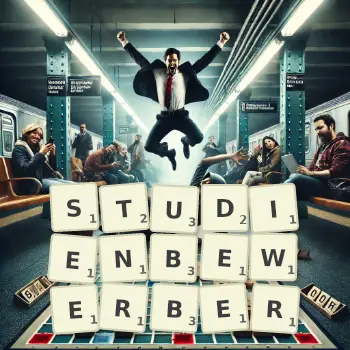 Kreative Illustration für ein Scrabble-Spiel, bei dem das Wort STUDIENBEWERBER mit Steinen auf dem Brett gelegt wurde.