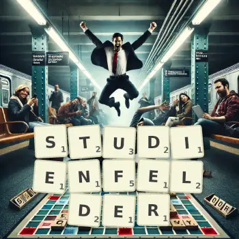 Kreative Illustration für ein Scrabble-Spiel, bei dem das Wort STUDIENFELDER mit Steinen auf dem Brett gelegt wurde.
