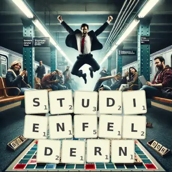 Kreative Illustration für ein Scrabble-Spiel, bei dem das Wort STUDIENFELDERN mit Steinen auf dem Brett gelegt wurde.