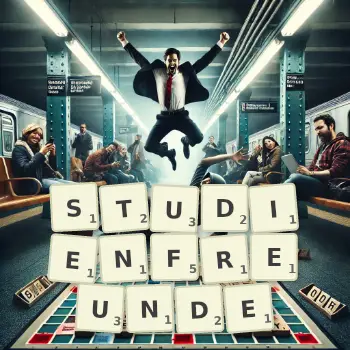 Kreative Illustration für ein Scrabble-Spiel, bei dem das Wort STUDIENFREUNDE mit Steinen auf dem Brett gelegt wurde.