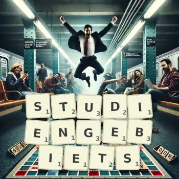 Kreative Illustration für ein Scrabble-Spiel, bei dem das Wort STUDIENGEBIETS mit Steinen auf dem Brett gelegt wurde.