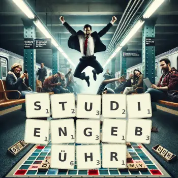 Kreative Illustration für ein Scrabble-Spiel, bei dem das Wort STUDIENGEBÜHR mit Steinen auf dem Brett gelegt wurde.