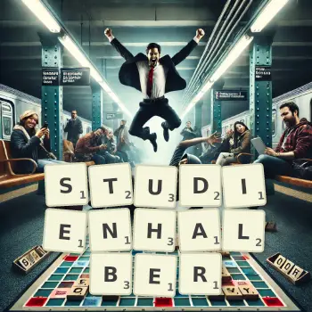 Kreative Illustration für ein Scrabble-Spiel, bei dem das Wort STUDIENHALBER mit Steinen auf dem Brett gelegt wurde.