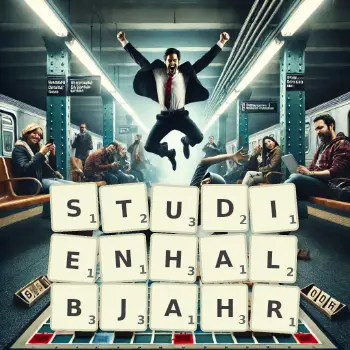 Kreative Illustration für ein Scrabble-Spiel, bei dem das Wort STUDIENHALBJAHR mit Steinen auf dem Brett gelegt wurde.