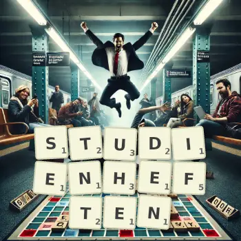 Kreative Illustration für ein Scrabble-Spiel, bei dem das Wort STUDIENHEFTEN mit Steinen auf dem Brett gelegt wurde.