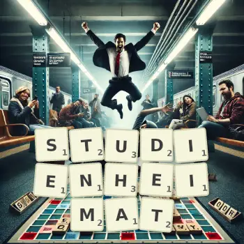 Kreative Illustration für ein Scrabble-Spiel, bei dem das Wort STUDIENHEIMAT mit Steinen auf dem Brett gelegt wurde.