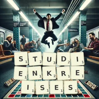 Kreative Illustration für ein Scrabble-Spiel, bei dem das Wort STUDIENKREISES mit Steinen auf dem Brett gelegt wurde.