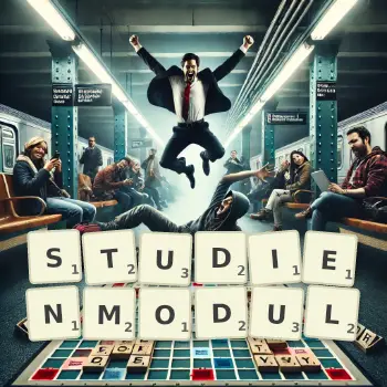 Kreative Illustration für ein Scrabble-Spiel, bei dem das Wort STUDIENMODUL mit Steinen auf dem Brett gelegt wurde.