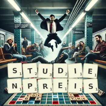 Kreative Illustration für ein Scrabble-Spiel, bei dem das Wort STUDIENPREIS mit Steinen auf dem Brett gelegt wurde.