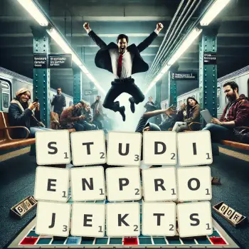 Kreative Illustration für ein Scrabble-Spiel, bei dem das Wort STUDIENPROJEKTS mit Steinen auf dem Brett gelegt wurde.