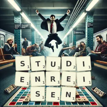 Kreative Illustration für ein Scrabble-Spiel, bei dem das Wort STUDIENREISEN mit Steinen auf dem Brett gelegt wurde.