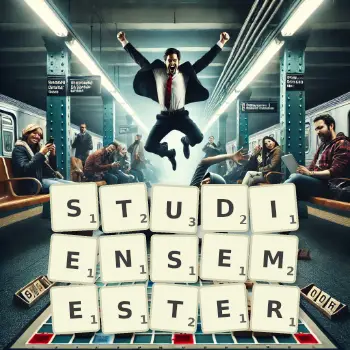 Kreative Illustration für ein Scrabble-Spiel, bei dem das Wort STUDIENSEMESTER mit Steinen auf dem Brett gelegt wurde.