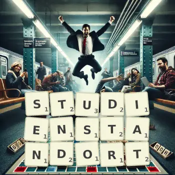 Kreative Illustration für ein Scrabble-Spiel, bei dem das Wort STUDIENSTANDORT mit Steinen auf dem Brett gelegt wurde.