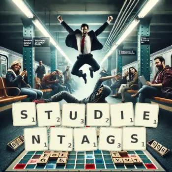 Kreative Illustration für ein Scrabble-Spiel, bei dem das Wort STUDIENTAGS mit Steinen auf dem Brett gelegt wurde.