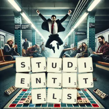 Kreative Illustration für ein Scrabble-Spiel, bei dem das Wort STUDIENTITELS mit Steinen auf dem Brett gelegt wurde.