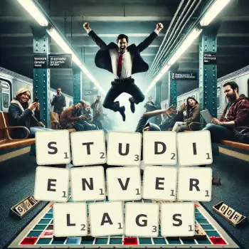 Kreative Illustration für ein Scrabble-Spiel, bei dem das Wort STUDIENVERLAGS mit Steinen auf dem Brett gelegt wurde.