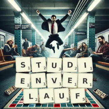 Kreative Illustration für ein Scrabble-Spiel, bei dem das Wort STUDIENVERLAUF mit Steinen auf dem Brett gelegt wurde.