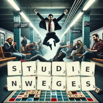 Kreative Illustration für ein Scrabble-Spiel, bei dem das Wort STUDIENWEGES mit Steinen auf dem Brett gelegt wurde.