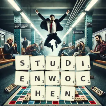 Kreative Illustration für ein Scrabble-Spiel, bei dem das Wort STUDIENWOCHEN mit Steinen auf dem Brett gelegt wurde.
