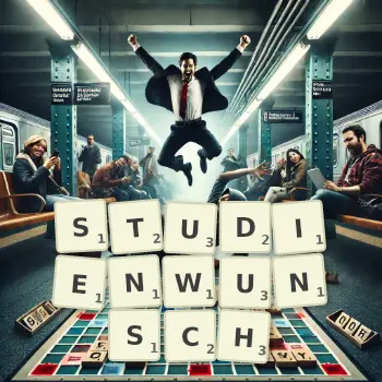 Kreative Illustration für ein Scrabble-Spiel, bei dem das Wort STUDIENWUNSCH mit Steinen auf dem Brett gelegt wurde.