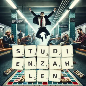 Kreative Illustration für ein Scrabble-Spiel, bei dem das Wort STUDIENZAHLEN mit Steinen auf dem Brett gelegt wurde.