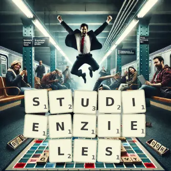 Kreative Illustration für ein Scrabble-Spiel, bei dem das Wort STUDIENZIELES mit Steinen auf dem Brett gelegt wurde.