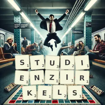 Kreative Illustration für ein Scrabble-Spiel, bei dem das Wort STUDIENZIRKELS mit Steinen auf dem Brett gelegt wurde.