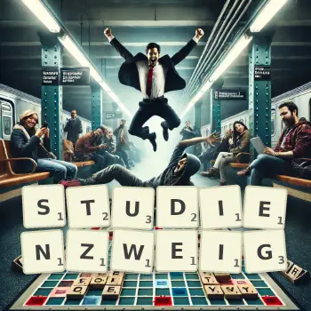 Kreative Illustration für ein Scrabble-Spiel, bei dem das Wort STUDIENZWEIG mit Steinen auf dem Brett gelegt wurde.