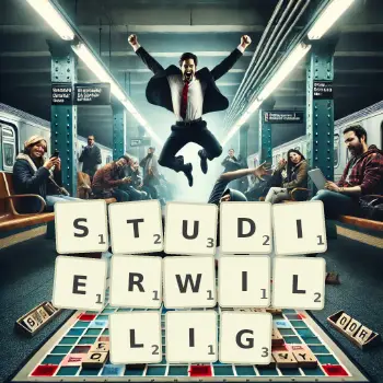 Kreative Illustration für ein Scrabble-Spiel, bei dem das Wort STUDIERWILLIG mit Steinen auf dem Brett gelegt wurde.