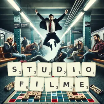 Kreative Illustration für ein Scrabble-Spiel, bei dem das Wort STUDIOFILME mit Steinen auf dem Brett gelegt wurde.