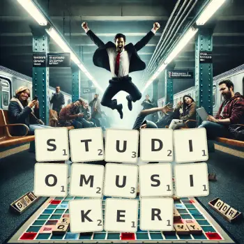 Kreative Illustration für ein Scrabble-Spiel, bei dem das Wort STUDIOMUSIKER mit Steinen auf dem Brett gelegt wurde.
