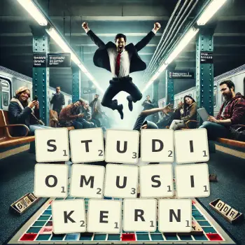 Kreative Illustration für ein Scrabble-Spiel, bei dem das Wort STUDIOMUSIKERN mit Steinen auf dem Brett gelegt wurde.